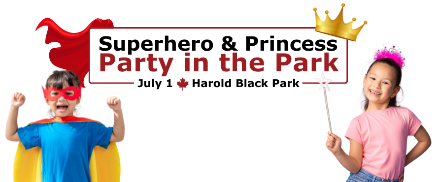 Text reading Superhero and princess party in the park july 1 with children dressed up with capes and crowns