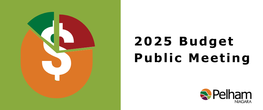 2025 Budget Public Meeting with dollar sign showing three segment areas of a pie chart