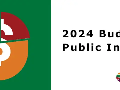 2024 Budget Public Meeting with dollar sign showing three segment areas of a pie chart