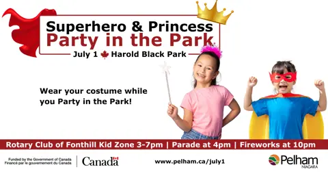 Pelham Celebrates July 1 image of superhero and princess