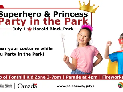 Pelham Celebrates July 1 image of superhero and princess