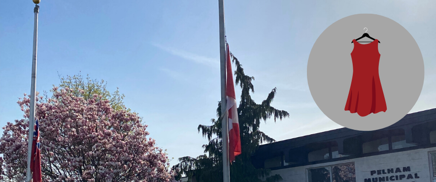 Flags at half mast with graphic of a red dress